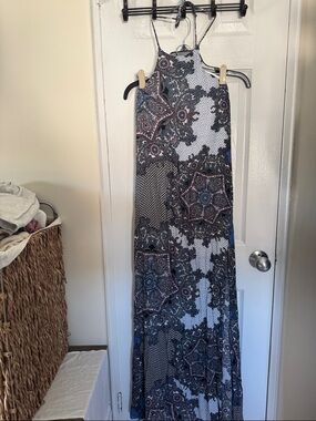 Blue Blush Navy, Gray and Pink Paisley Halter Maxi Dress